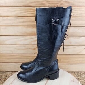 Nero Giardini Black Soft Leather Riding Biker Boots Side Zip Lace-up Back 37 EUR